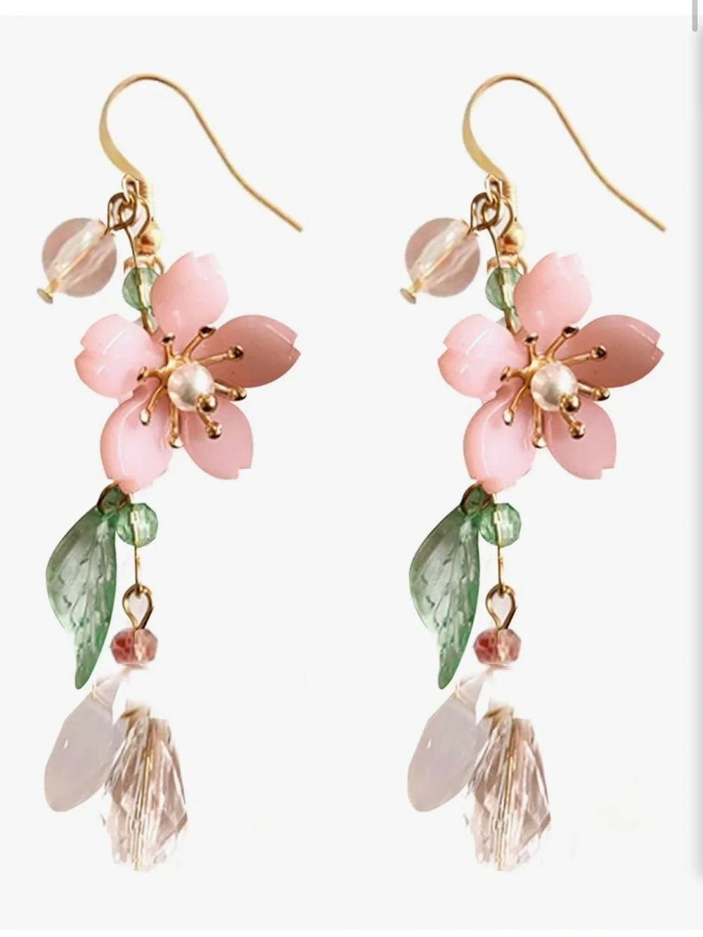 New Pink Floral Dangle Earrings with Green Leaves
